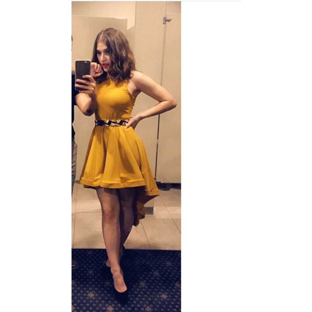 Mustard colored high-low ruffled dress
